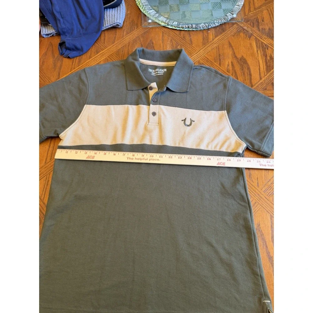 TRUE RELIGION Polo Shirt Mens Size L Green/ Beige